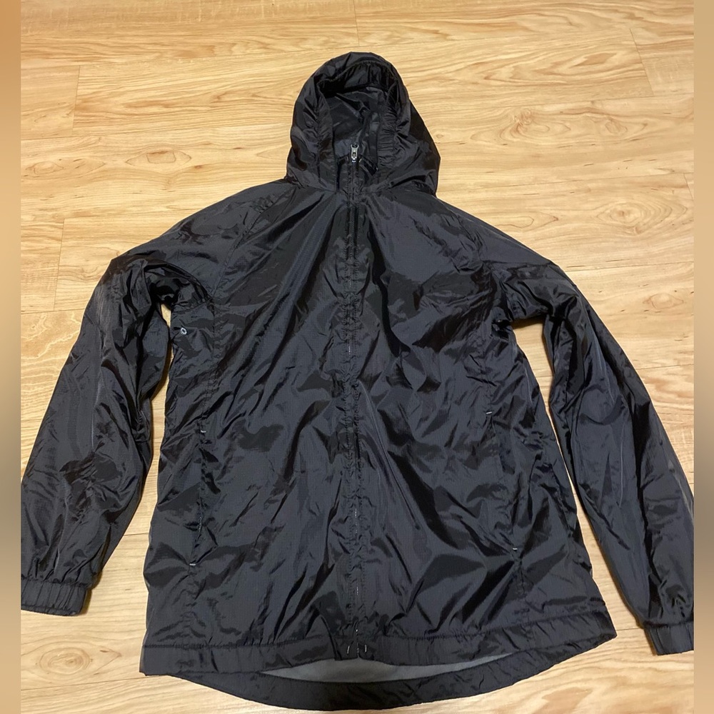 Lands End Windbreaker Black Grey Fleece Lined Hooded Jacket Boys Large 14/16.